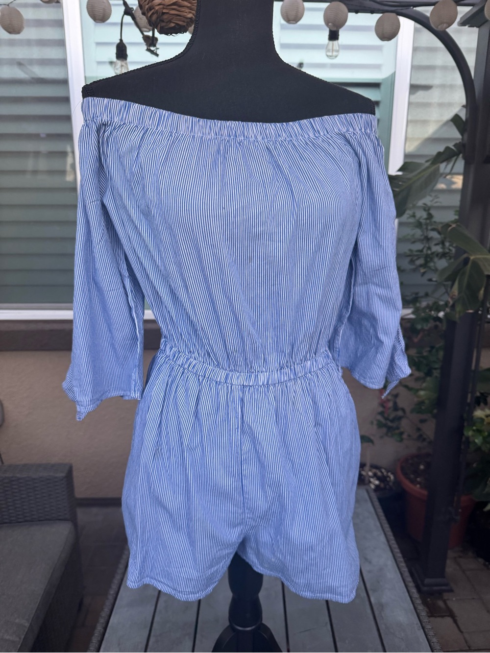 Aqua Off-Shoulder Blue Striped Cotton Romper